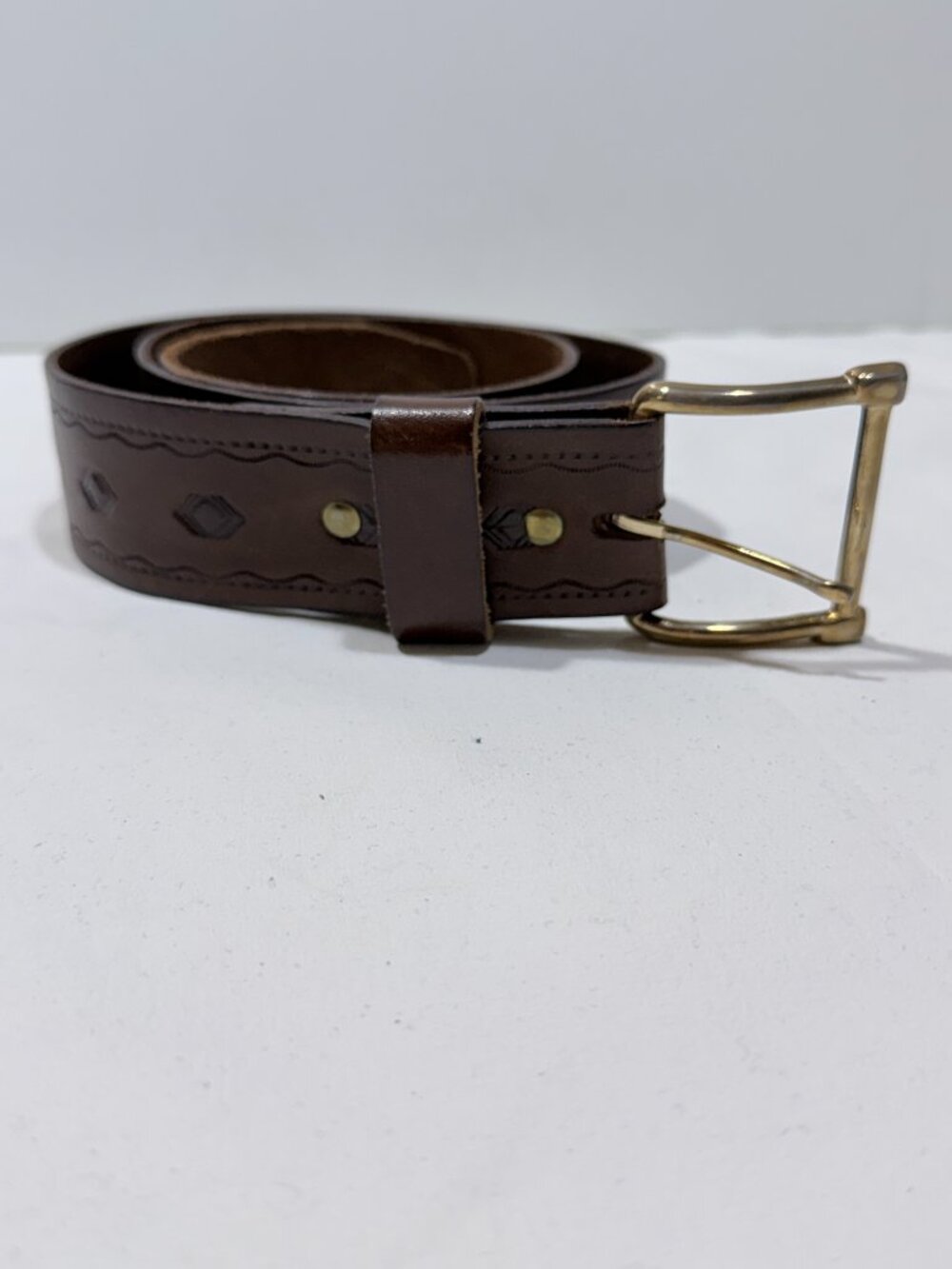 Vintage Thick Brown Leather Belt Brass Clasp 34Inches Cowboy Style Work Wear